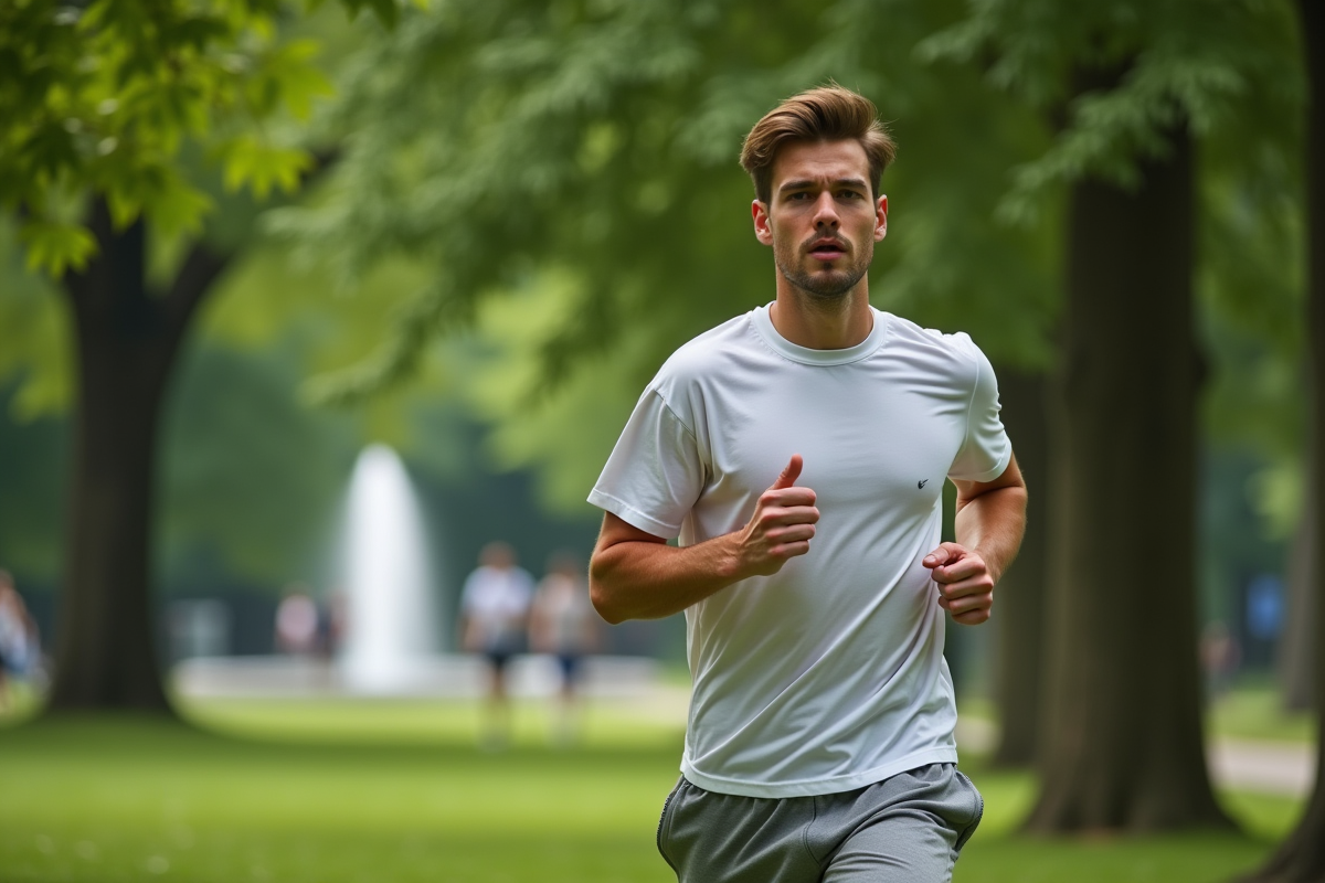 Jeune homme courant dans un parc urbain verdoyant