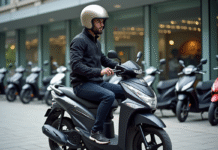 Jeune homme en moto 125cc dans un concessionnaire urbain