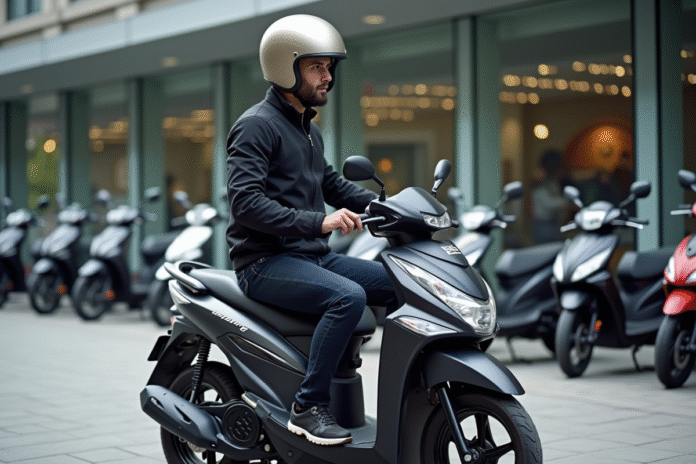 Jeune homme en moto 125cc dans un concessionnaire urbain