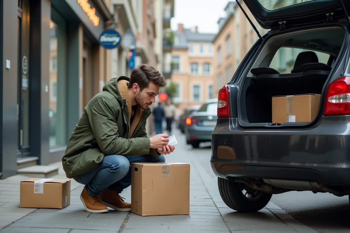 Jeune homme vérifiant un colis dans le coffre