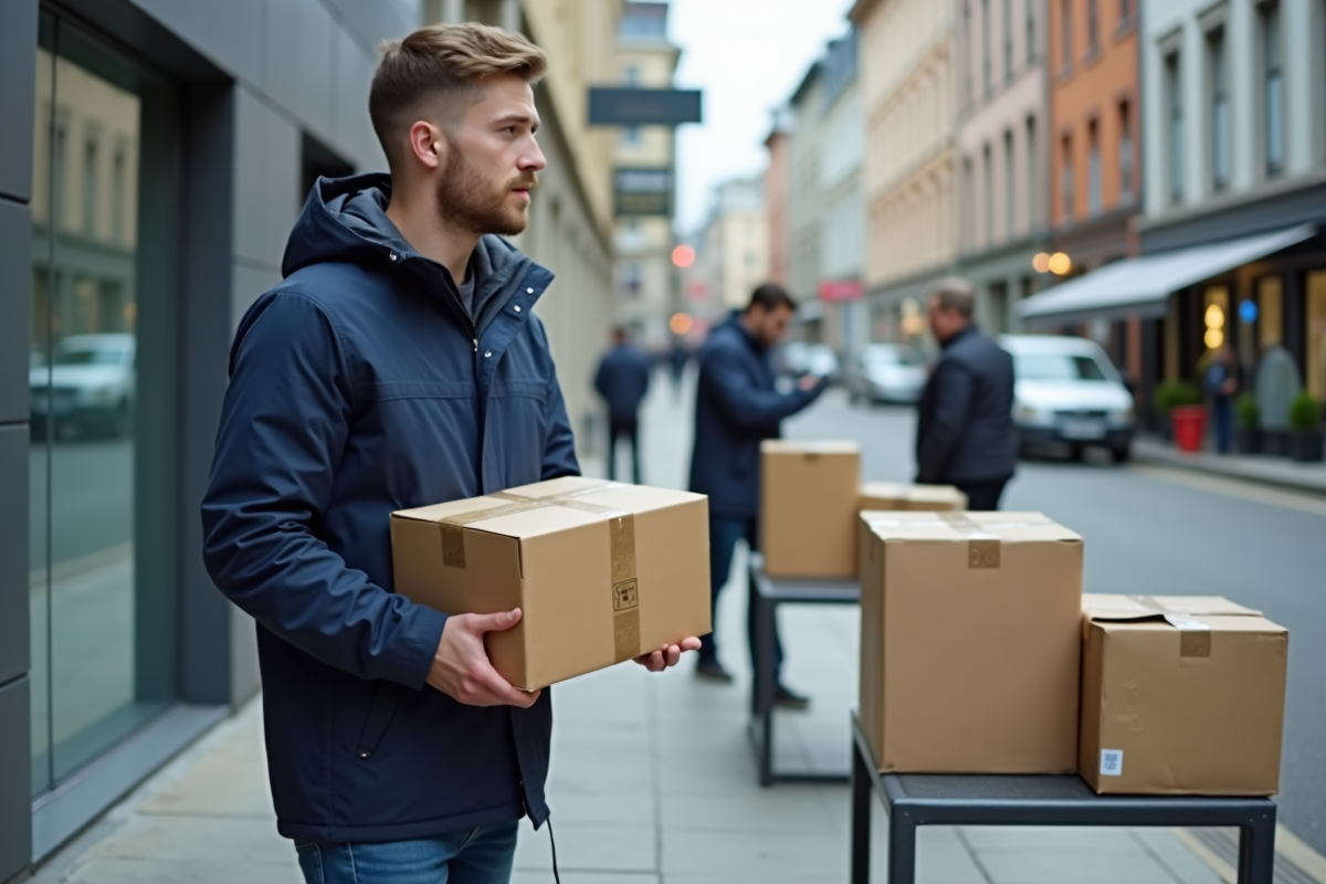 Jeune homme avec colis dans un espace urbain extérieur