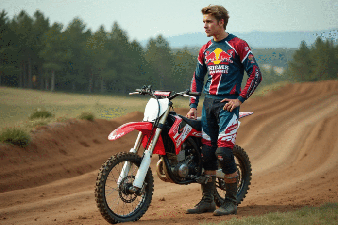 Jeune homme en équipement motocross avec moto tout-terrain