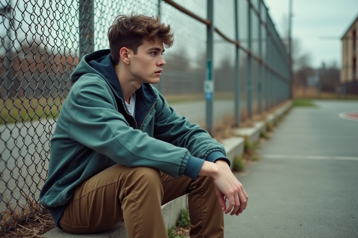 Jeune homme en windbreaker assis sur des marches urbaines