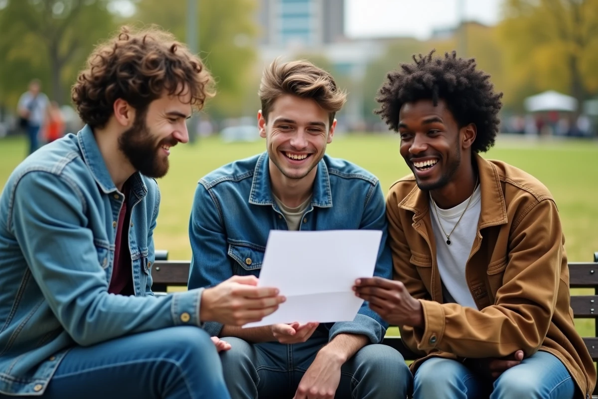 Groupe de jeunes discutant dans un parc urbain
