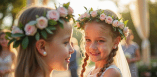 Deux jeunes filles avec couronnes de fleurs lors d'un mariage