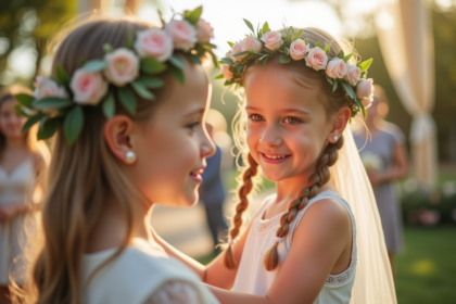 Deux jeunes filles avec couronnes de fleurs lors d'un mariage
