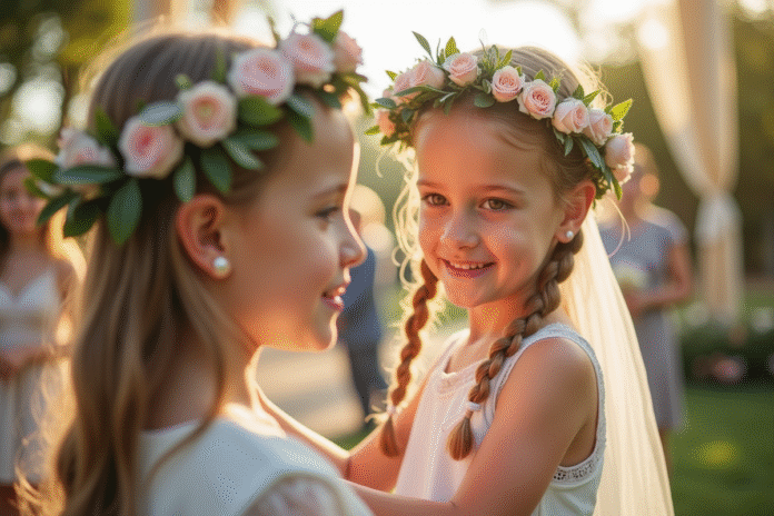 Deux jeunes filles avec couronnes de fleurs lors d'un mariage