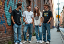 Groupe de jeunes en streetwear devant un mur graffite en ville