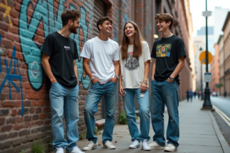 Groupe de jeunes en streetwear devant un mur graffite en ville