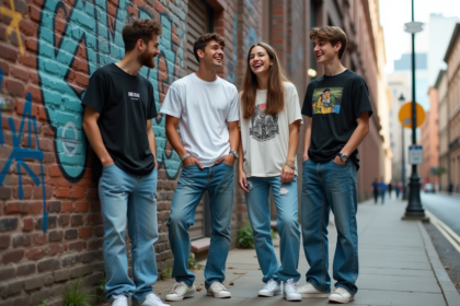 Groupe de jeunes en streetwear devant un mur graffite en ville