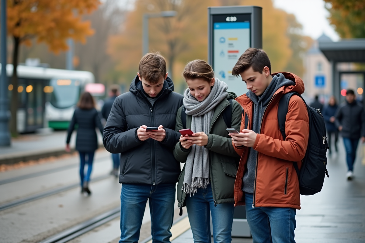 Jeunes français au arrêt de tram en automne avec smartphones