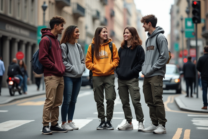 Groupe de jeunes adultes en streetwear dans la ville