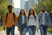 Groupe de jeunes adultes en streetwear dans un parc urbain