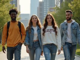 Marque de vêtements la plus portée au monde : quel est le leader ? Groupe de jeunes adultes en streetwear dans un parc urbain