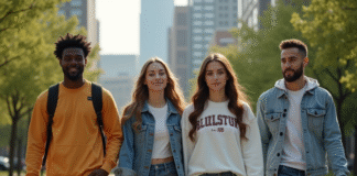 Groupe de jeunes adultes en streetwear dans un parc urbain