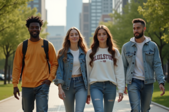 Groupe de jeunes adultes en streetwear dans un parc urbain
