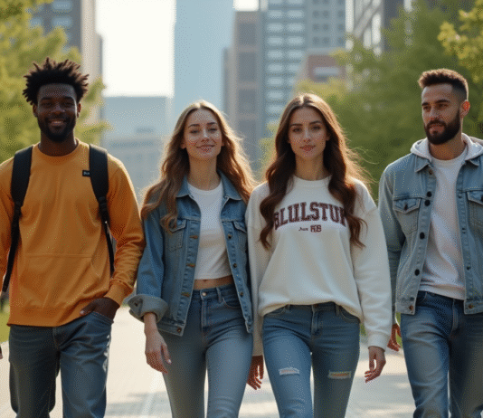 Groupe de jeunes adultes en streetwear dans un parc urbain