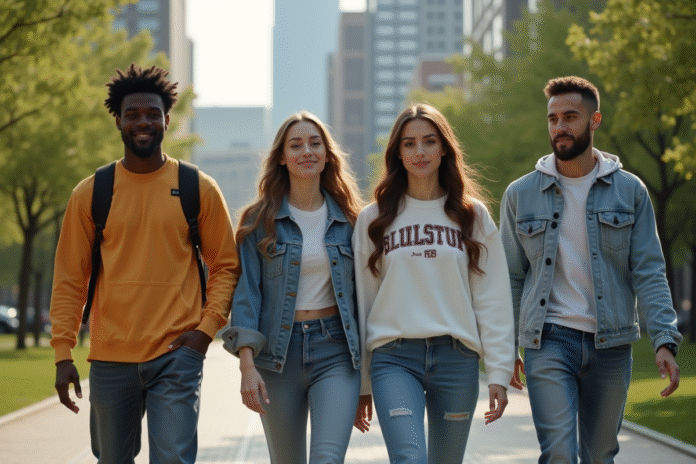 Groupe de jeunes adultes en streetwear dans un parc urbain