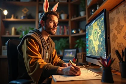 Joueur en costume médiéval avec accessoires lapin consultant une interface de jeu MMORPG Dofus sur ordinateur