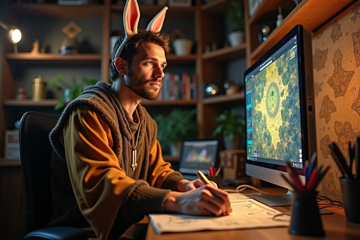 Joueur en costume médiéval avec accessoires lapin consultant une interface de jeu MMORPG Dofus sur ordinateur