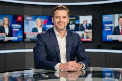 Journaliste homme en costume marine assis au bureau d'un plateau de télévision moderne avec des écrans flous en arrière-plan