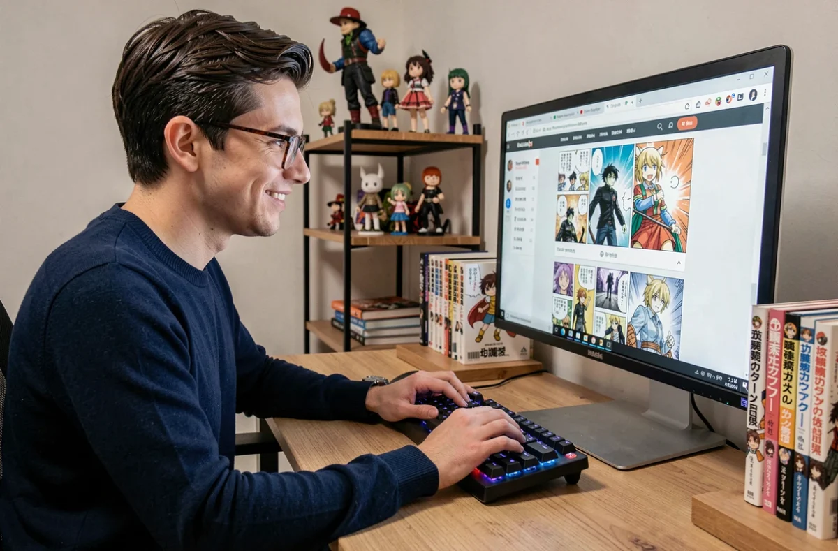 Jeune homme consultant un site de scantrad manga sur ordinateur dans un bureau personnel dédié aux mangas