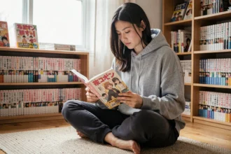 Jeune femme lisant un manga dans un appartement cosy entouré de nombreux volumes de scantrad