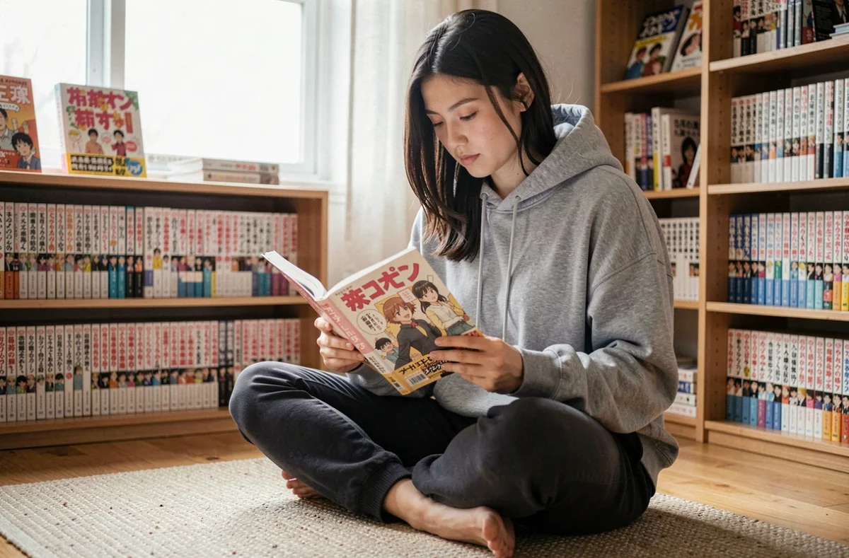 Jeune femme lisant un manga dans un appartement cosy entouré de nombreux volumes de scantrad