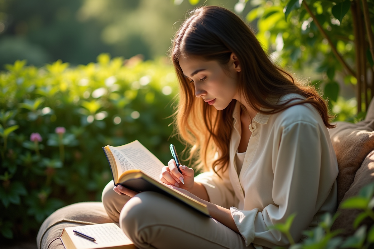 Femme lisant dans un jardin avec un livre ouvert et liste A
