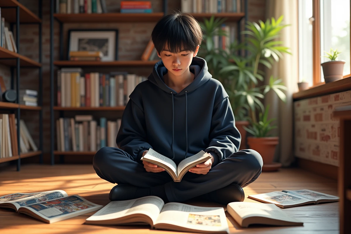 Jeune homme lisant des volumes de manga Demon Slayer posés sur le sol d'un appartement cosy entouré de nombreux tomes