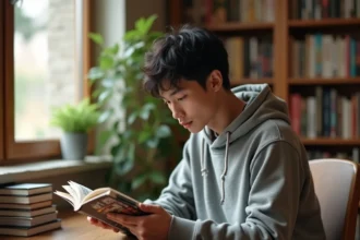 Jeune homme lisant un manga one piece dans une salle d'étude cosy avec des étagères remplies de mangas