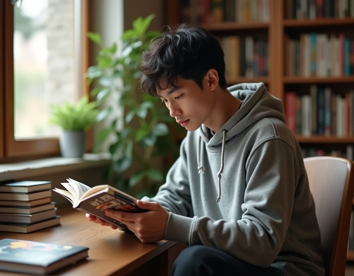 Jeune homme lisant un manga one piece dans une salle d'étude cosy avec des étagères remplies de mangas