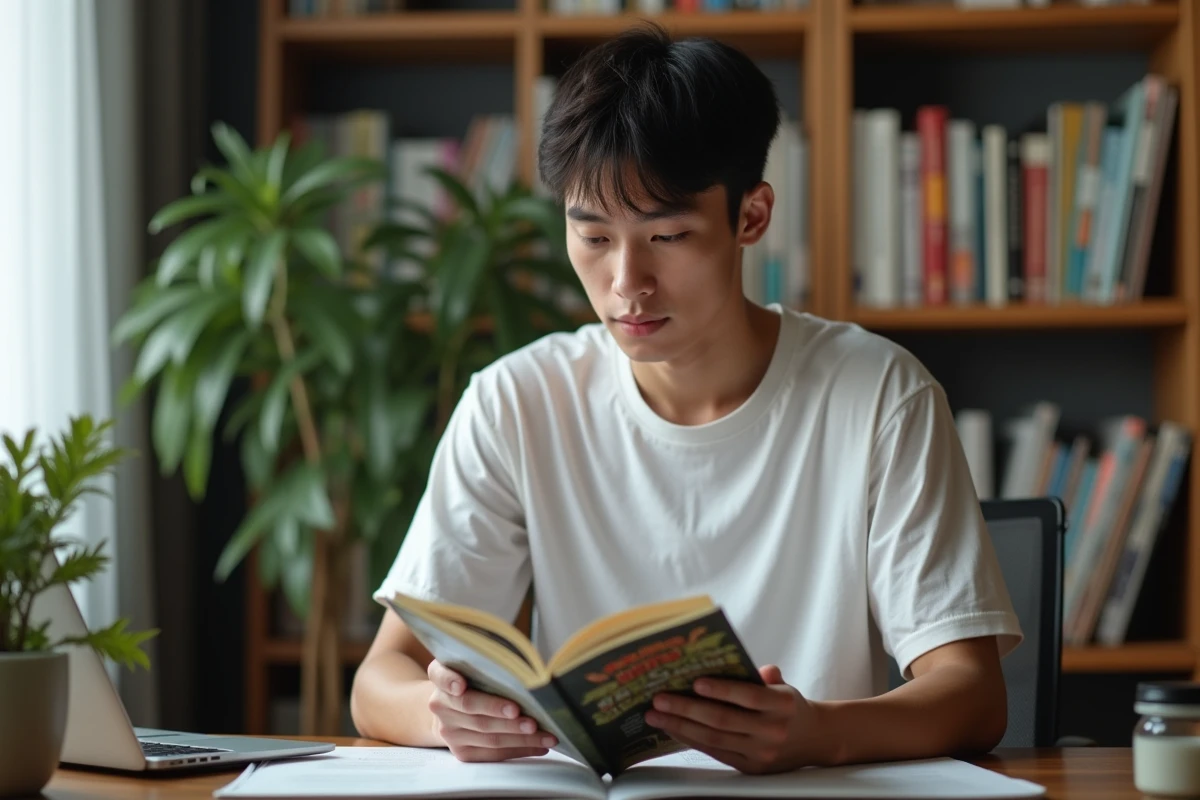 Jeune homme lisant un manga One Punch Man à son bureau entouré de volumes de mangas et d'un ordinateur portable