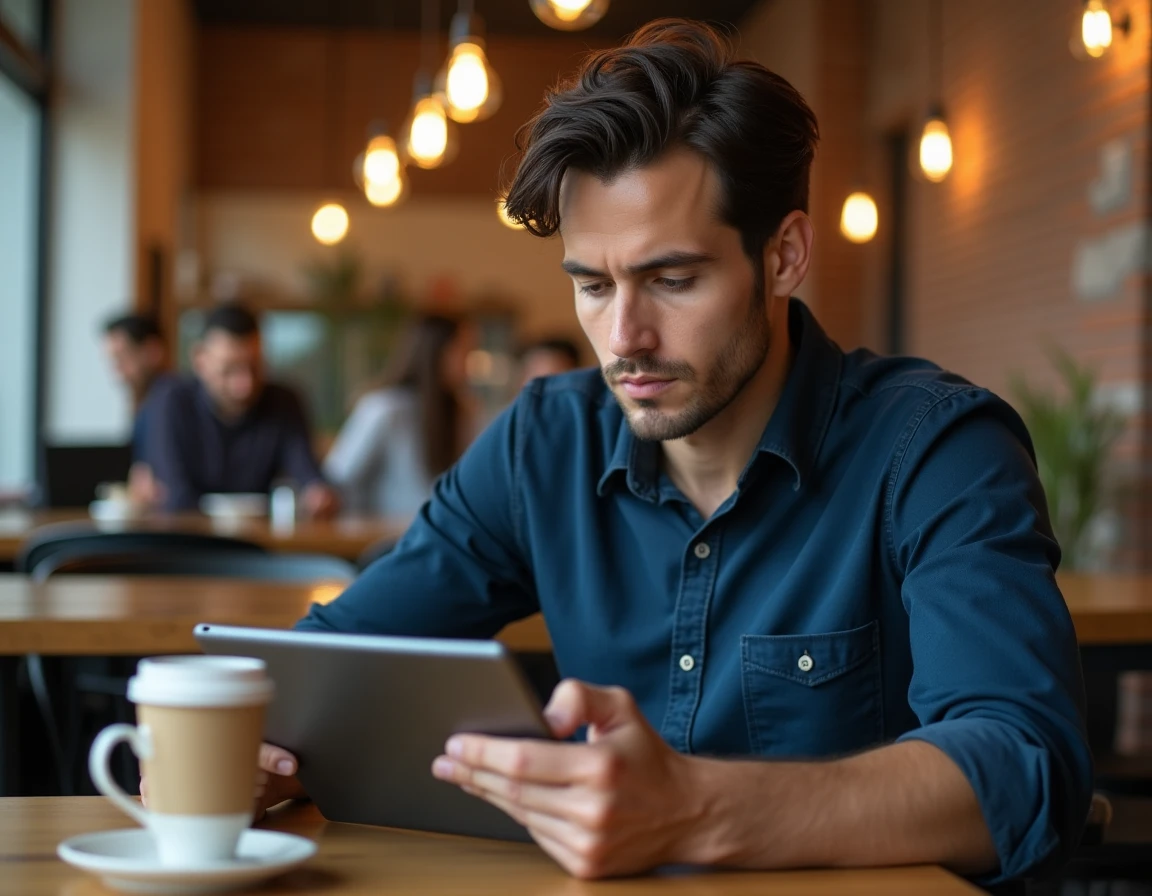 Homme lisant un scan de manga One Piece sur tablette dans un café moderne avec une ambiance urbaine