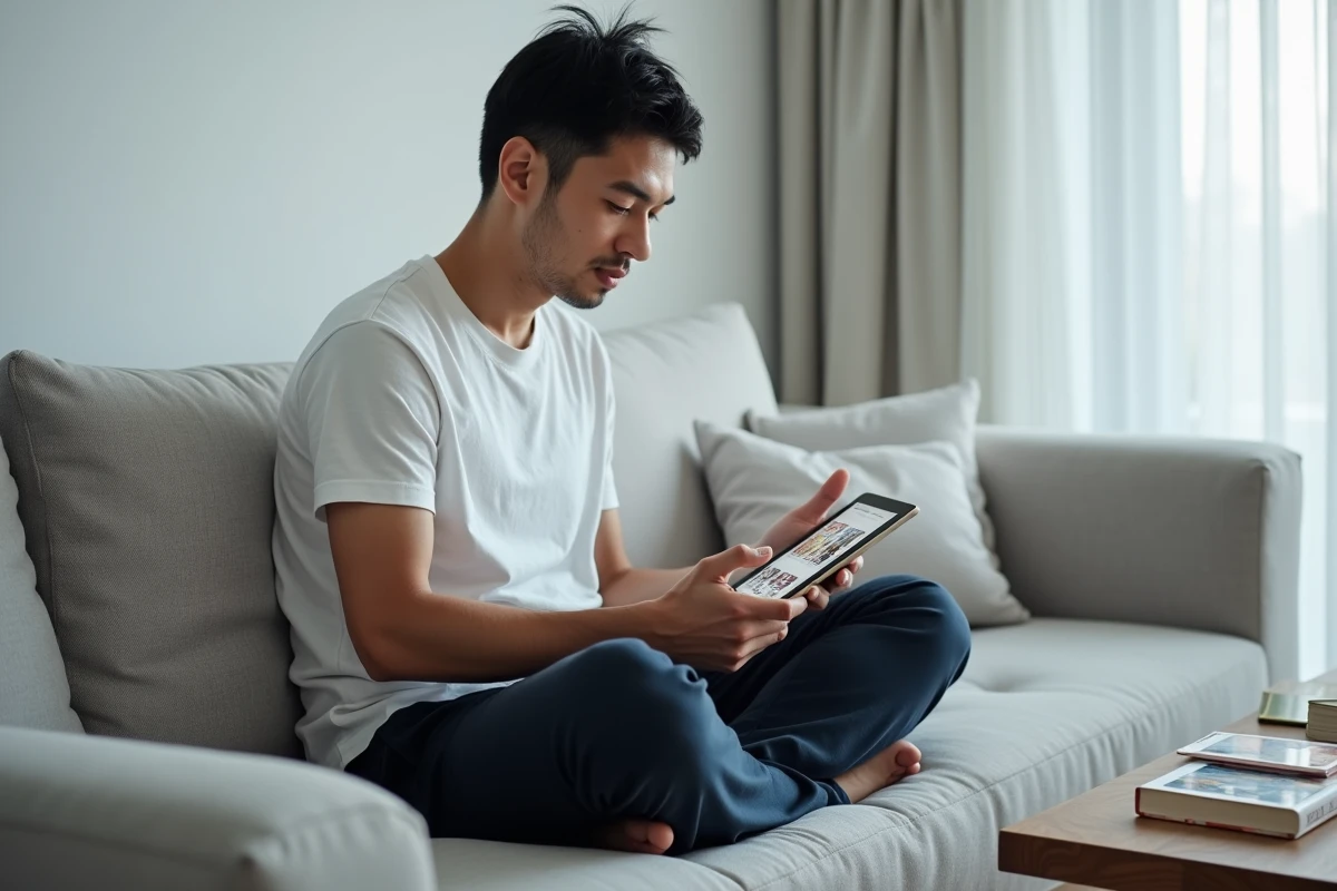 Jeune homme consultant une bibliothèque numérique de mangas yaoi sur tablette dans un salon minimaliste
