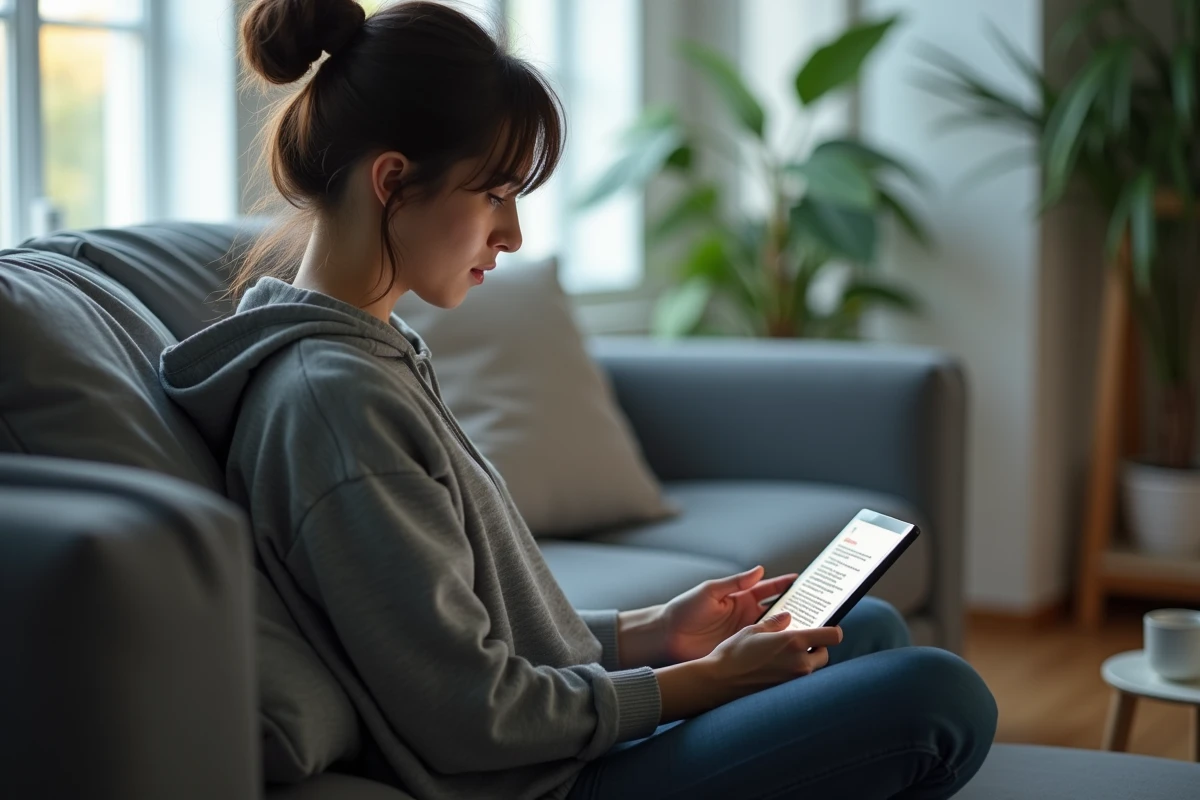 Femme lisant le scan de One Punch Man sur tablette dans un salon moderne et lumineux