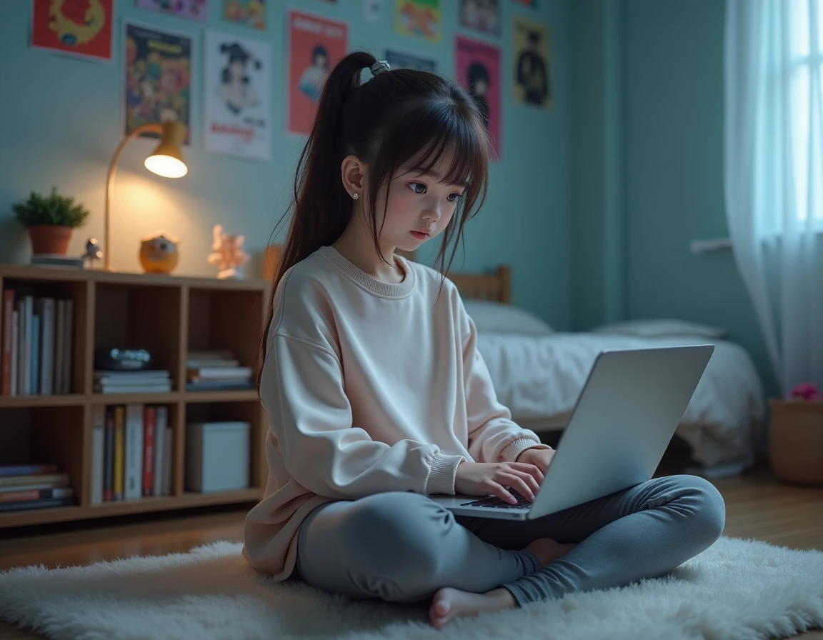 Adolescente lisant le scan de One Piece sur son ordinateur portable dans sa chambre décorée de posters d'anime