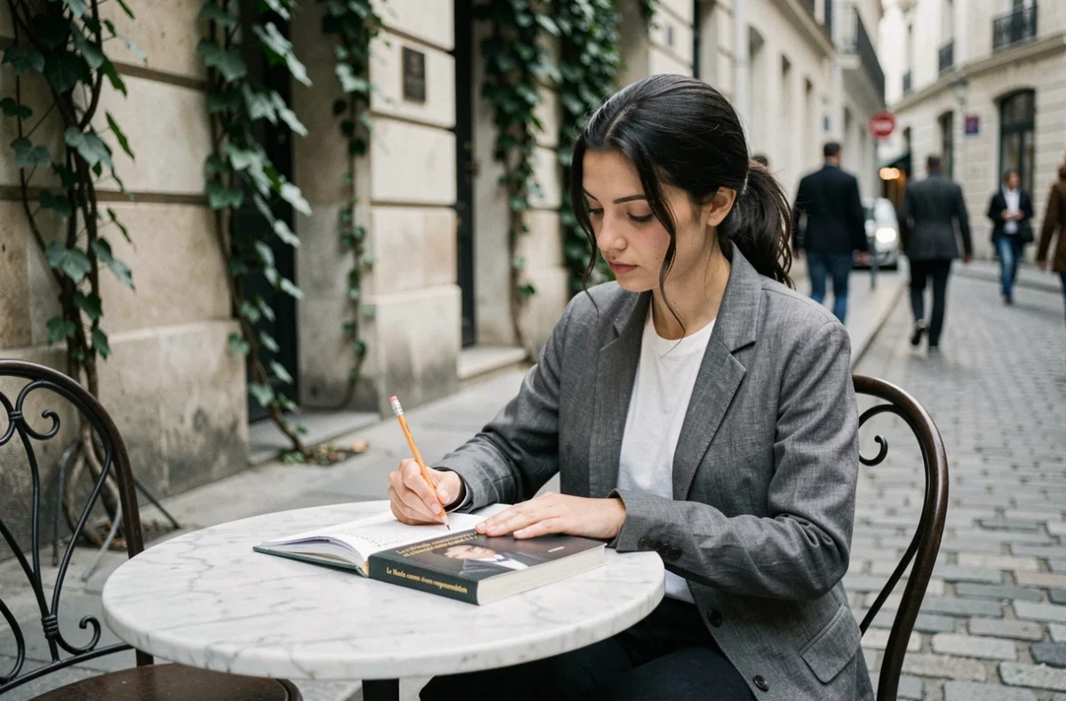 Jeune femme lisant et annotant un livre de Schopenhauer dans un café parisien, illustration de l'intérêt philosophique contemporain
