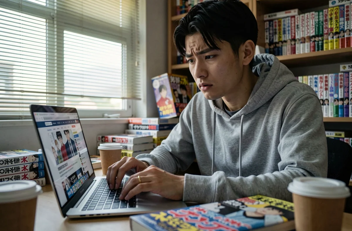 Jeune homme lisant des mangas gratuitement sur un site en ligne depuis son appartement, avec une expression hésitante face aux risques potentiels