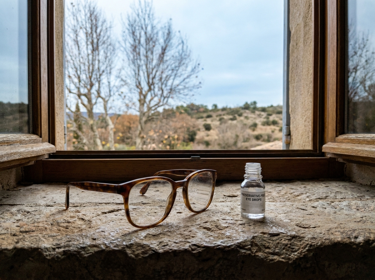 Lunettes et collyre sur un rebord de fenêtre en Provence avec paysage venté automnal évoquant la prévention des yeux secs