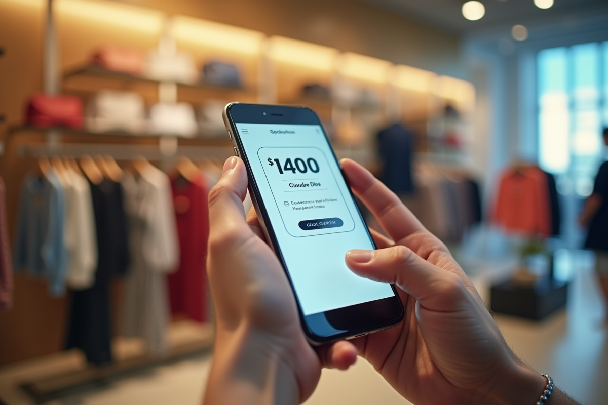 Mains tenant un smartphone avec coupon mode dans une boutique moderne