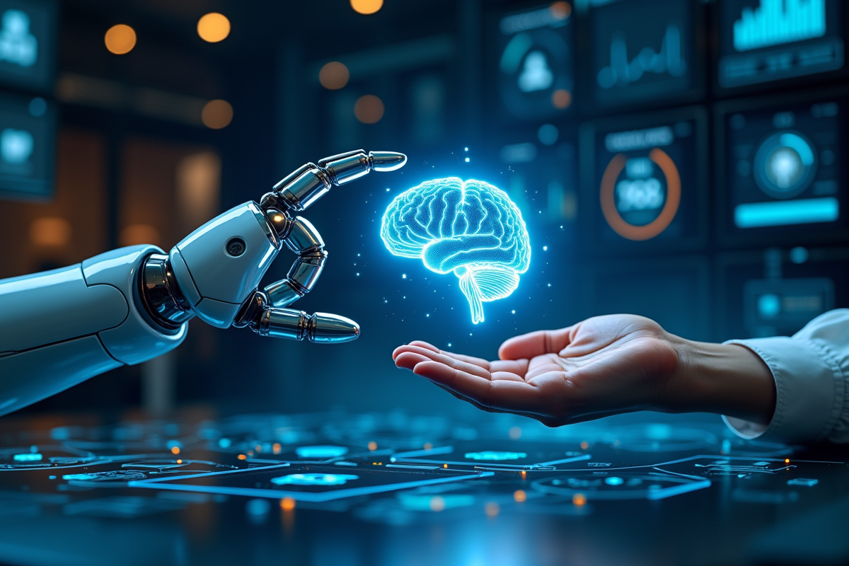 Main humaine et main robotique touchant un cerveau holographique futuriste
