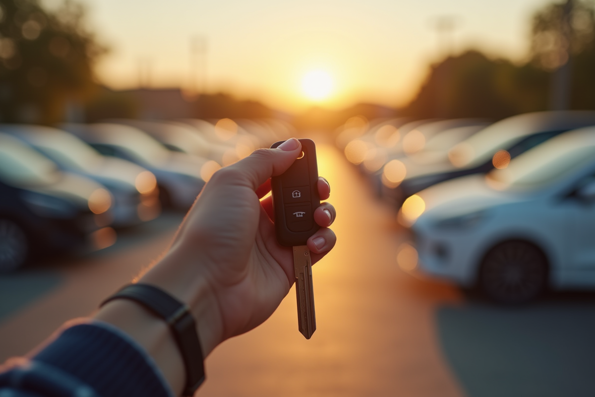 Main tenant une clé de voiture avec parking en arrière-plan