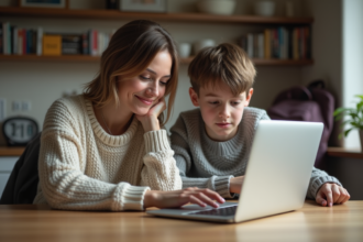 Femme et son fils adolescent dans la cuisine chaleureuse