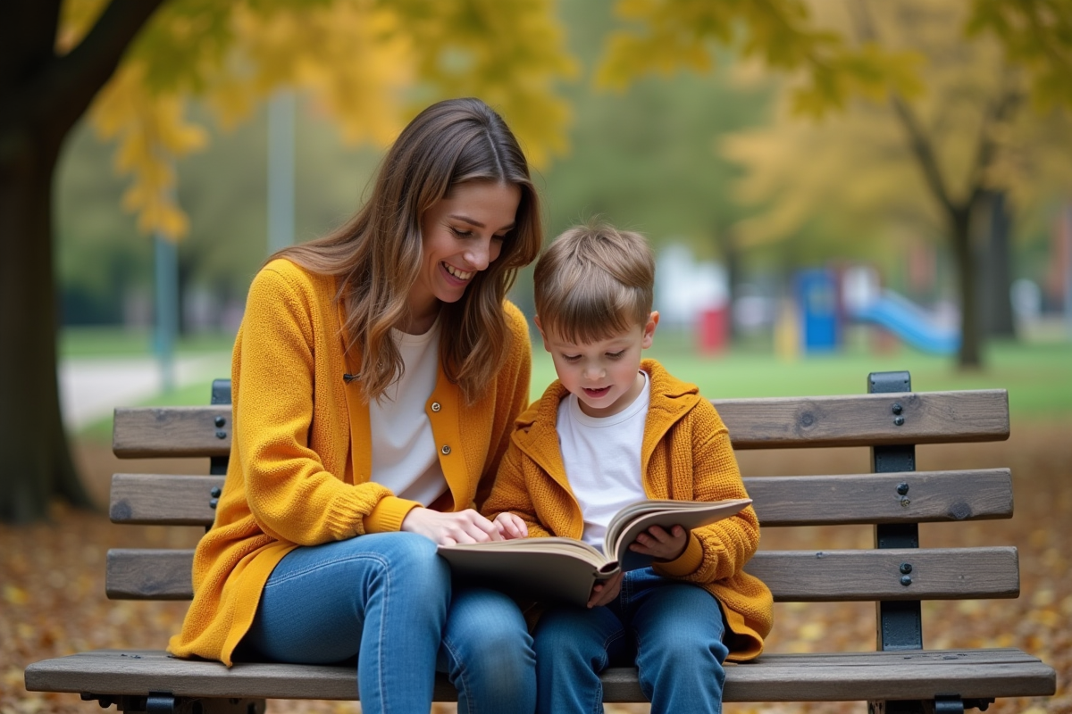 Maman et enfant lisant dans un parc en plein air