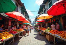 Marché asiatique animé en journée avec fruits colorés