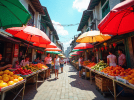 Marché asiatique animé en journée avec fruits colorés