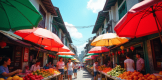 Marché asiatique animé en journée avec fruits colorés