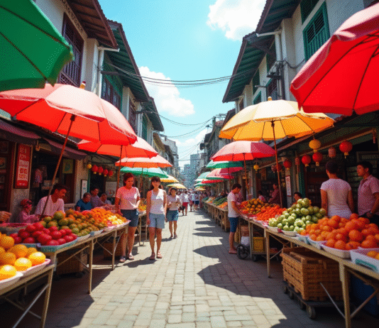 Marché asiatique animé en journée avec fruits colorés