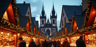 Marché de Noël à Strasbourg au crépuscule avec chalets illuminés et cathédrale